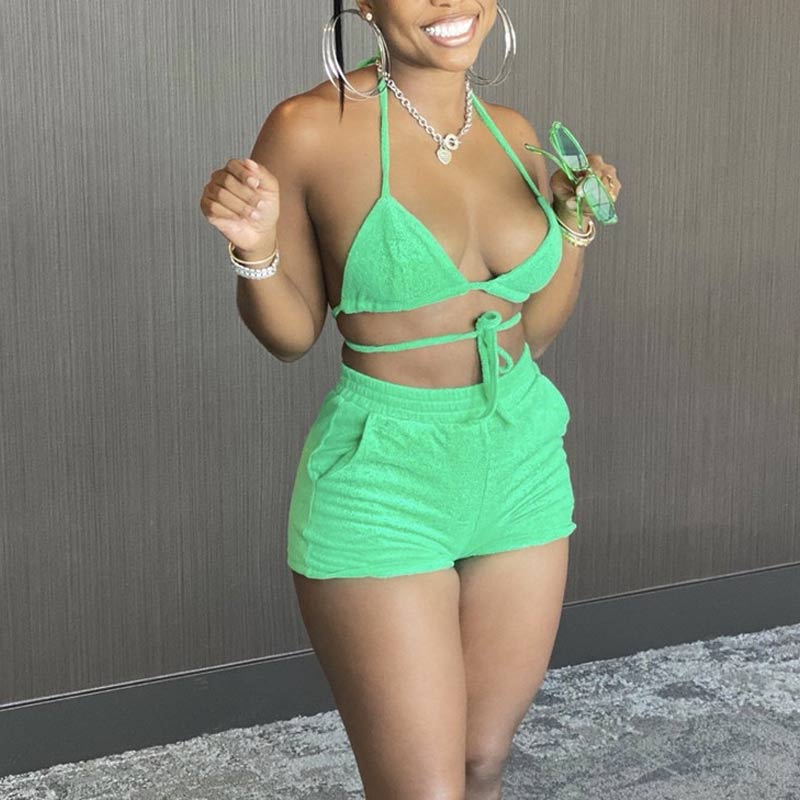 Solid Deep V-Neck Halter Bandage Two Piece Set