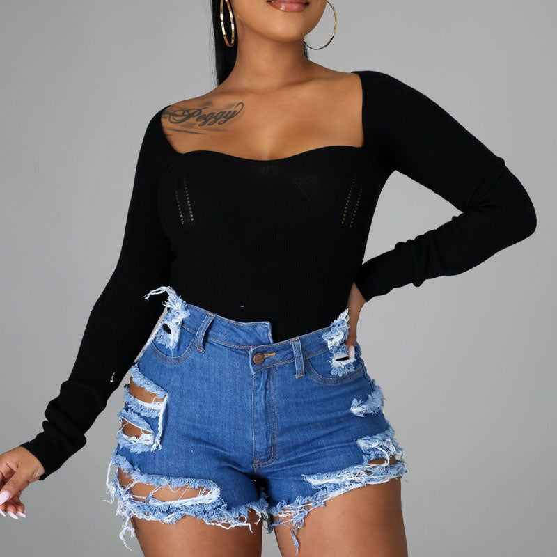 Solid High Waist Cut Out Denim Shorts