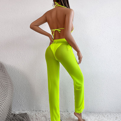 Solid Halter Sheer Mesh 3PCS Swimsuit Set