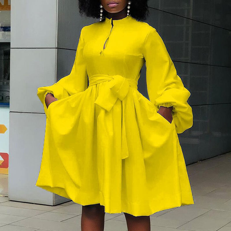 Solid Lantern Sleeve Button Detailed Pleated Dress