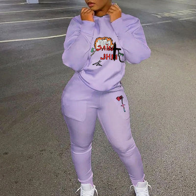 Print Turtleneck Long Sleeve Zipper Design Top & Pants Set