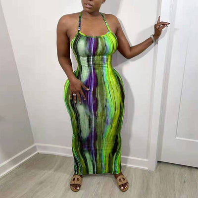 Tie Dye Print Backless Maxi Dress