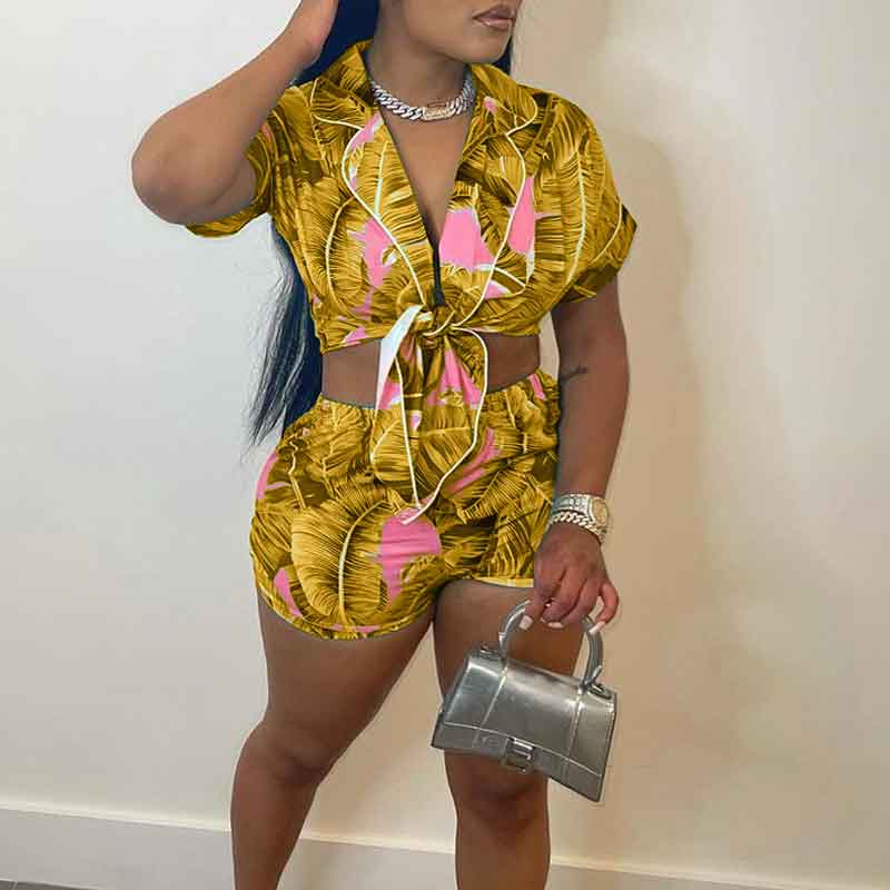 Print Short Sleeve Blouse & Shorts Set