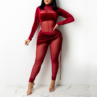 Solid Long Sleeve Sheer Mesh Patchwork 2PCS Jumpsuit