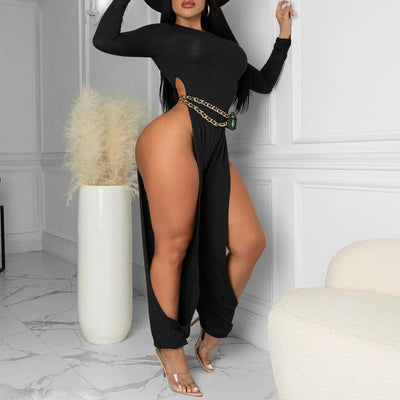 Solid Long Sleeve High Slit Jumpsuit