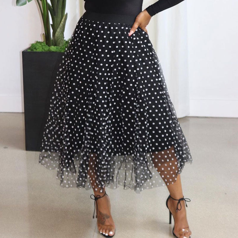 Polka Dot Print High Waist Mesh Skirt