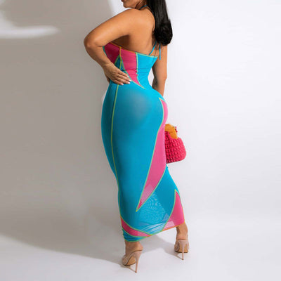 Print Sleeveless Halter Sheer Mesh Midi Dress