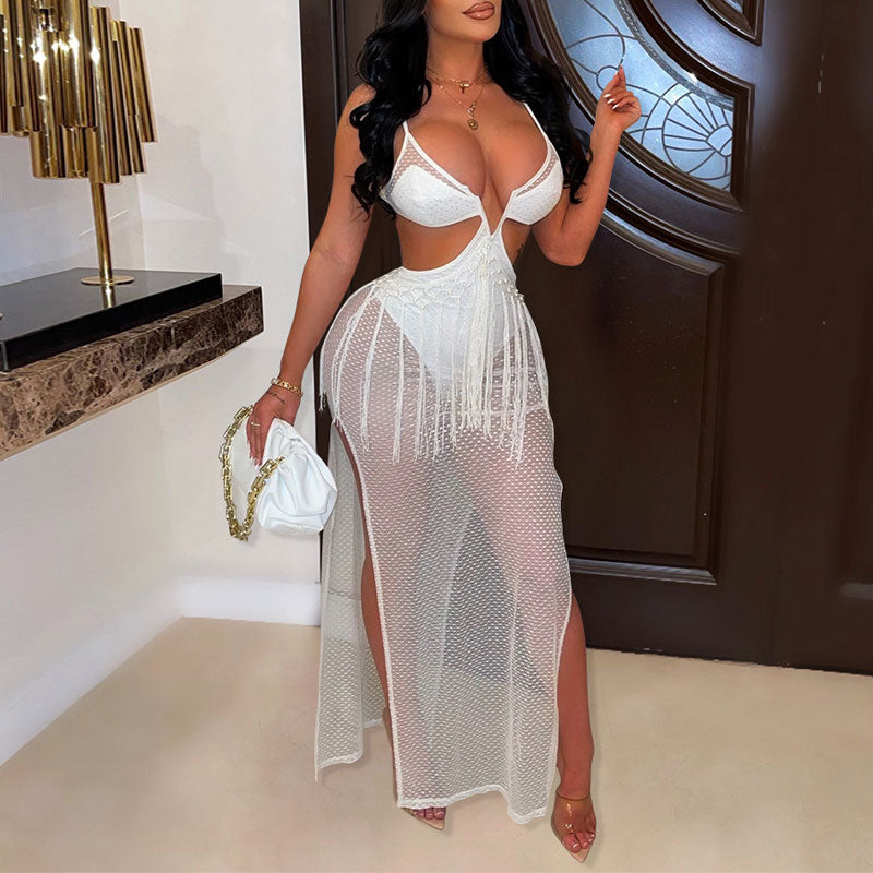 Solid Deep V-Neck Sleeveless Tassel Design High Slit Sheer Mesh Party Dress