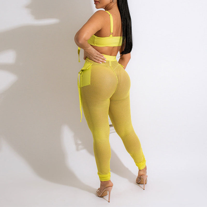 Solid Lace Up Crop Top & Sheer Mesh Pants Set