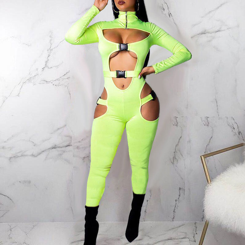 Solid Turtleneck Cut Out Buckle Decoration Jumpsuit