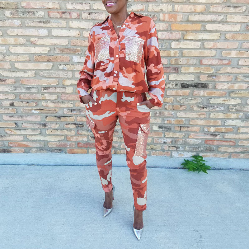 Camouflage Pattern Sequins Pocket Top & Pants Set