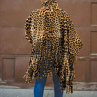 Leopard Print Long Sleeve Tassel Design Loose Top
