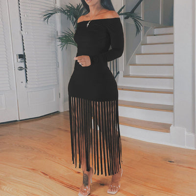 Solid Off Shoulder Long Sleeve Tassel Design Dress