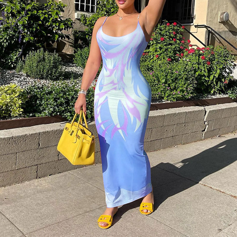 Print U Neck Backless Maxi Dress