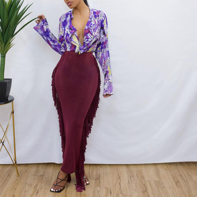 Solid High Waist Tassel Design Skirt