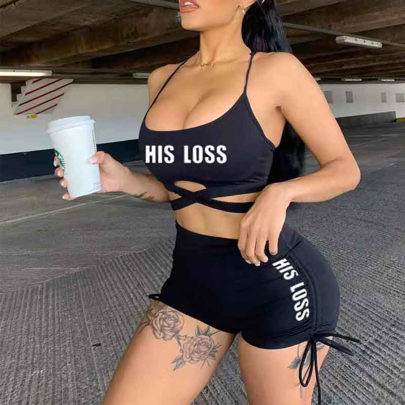 Letter Print Drawstring 2PCS Shorts Set
