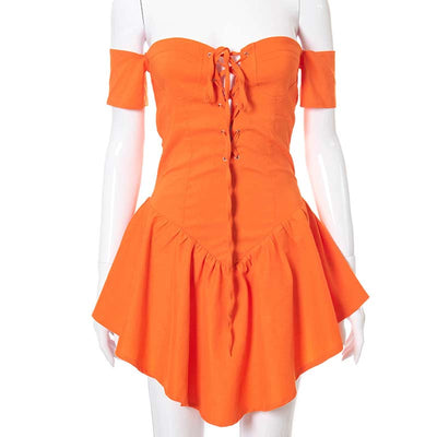 Solid Off Shoulder Lace Up Ruffle Design Mini Dress