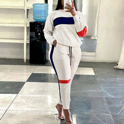 Colorblock Long Sleeve Casual Top & Pants Set