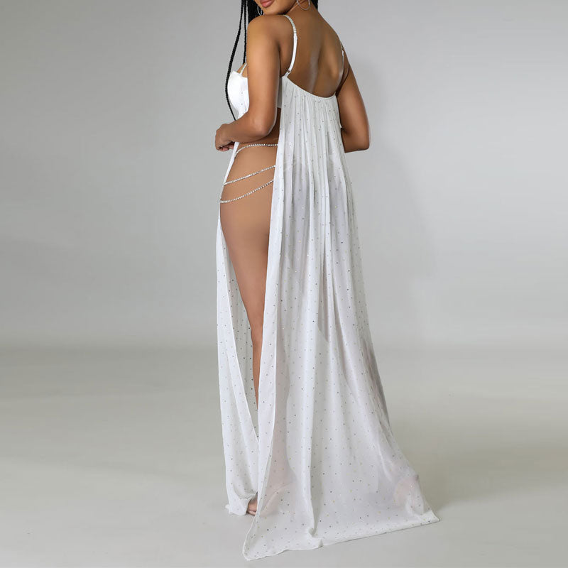 Rhinestone Sleeveless Cut Out Sheer Mesh Bodysuit Dress