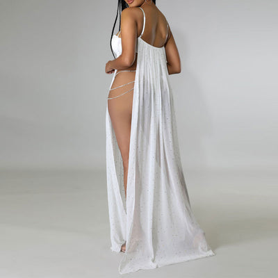 Rhinestone Sleeveless Cut Out Sheer Mesh Bodysuit Dress