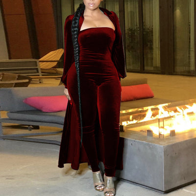 Solid Velvet Long Sleeve Coat & Jumpsuit Set