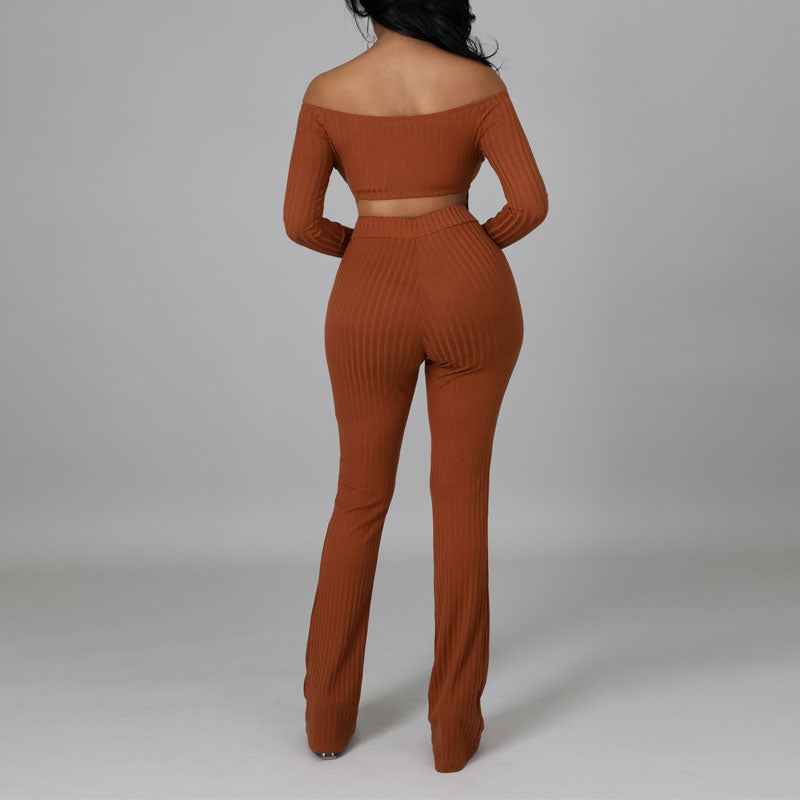 Solid Off Shoulder Long Sleeve Top & Pants Set