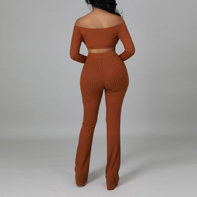 Solid Off Shoulder Long Sleeve Top & Pants Set