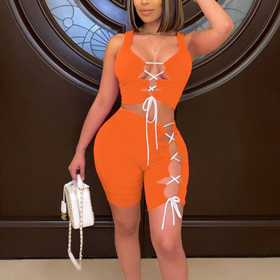 Solid Sleeveless Deep V-Neck Lace Up Shorts Set