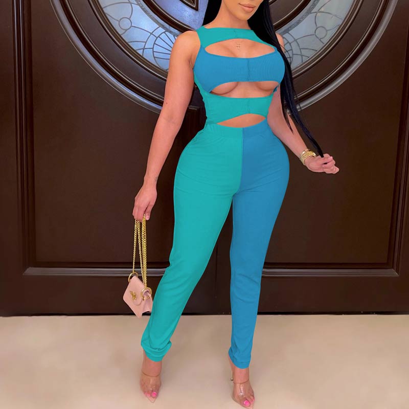 Colorblock Sleeveless Hollow Out Jumpsuit