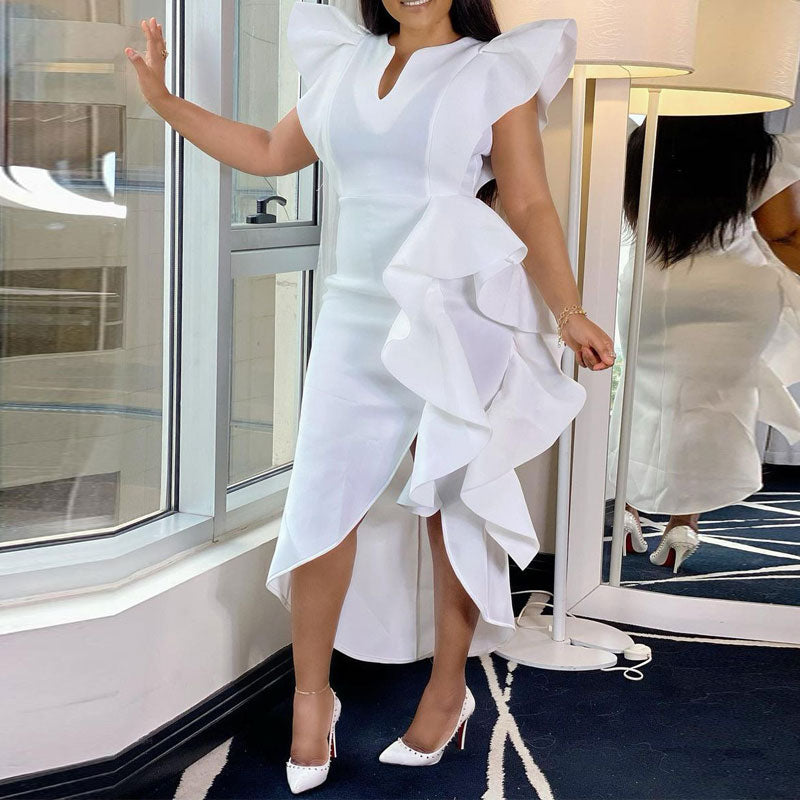 Solid Sleeveless Ruffle Design High Slit Dress