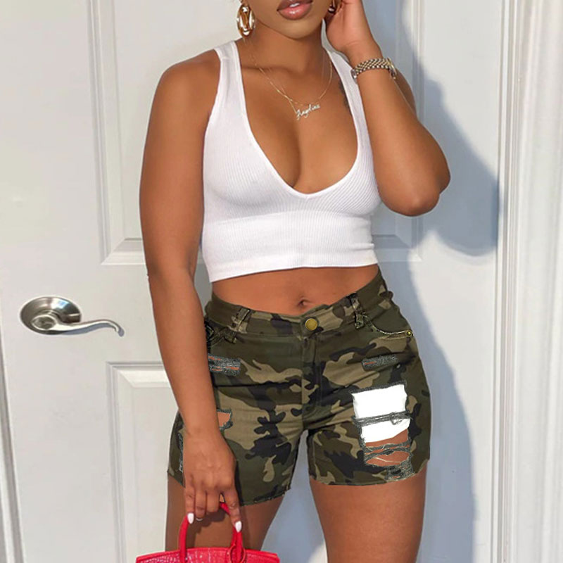 Camouflage Pattern Cut Out Denim Shorts