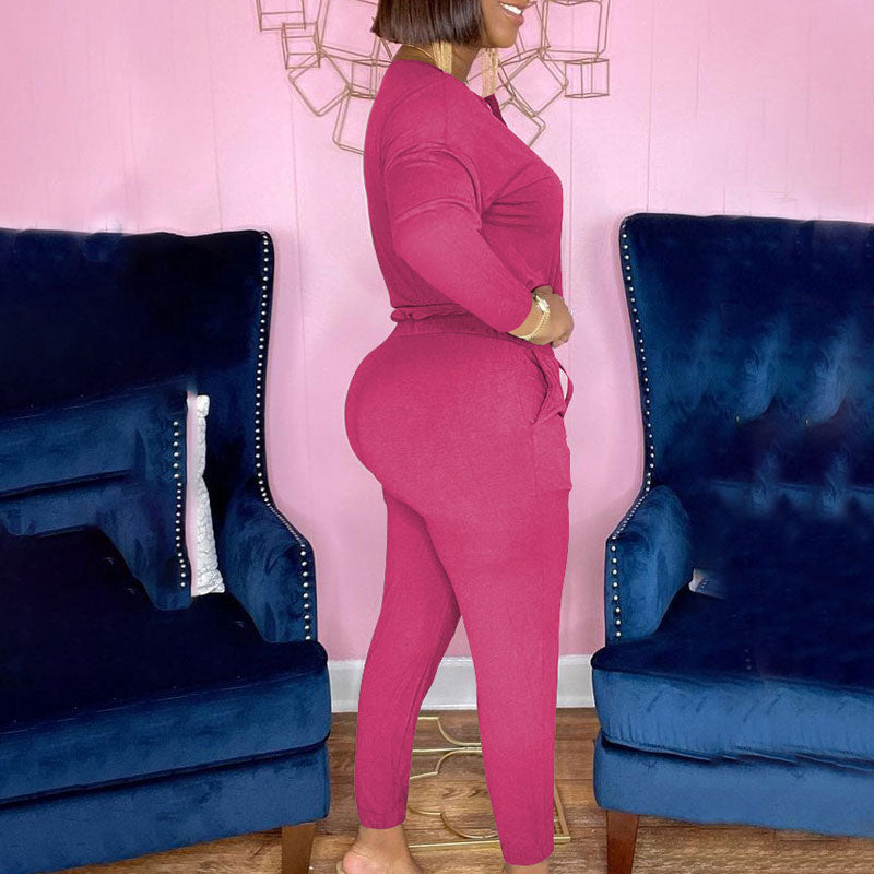 Solid Long Sleeve Button Detailed Top & Pants Set