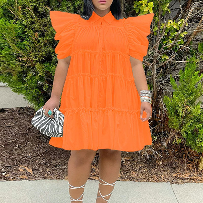 Solid Puff Sleeve Pleated Loose Shirt Dress