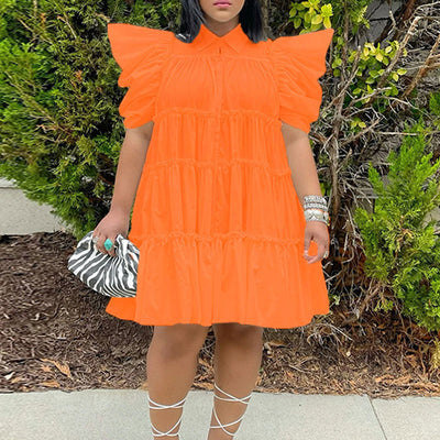 Solid Puff Sleeve Pleated Loose Shirt Dress
