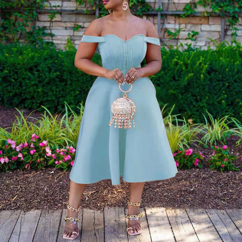 Solid Off Shoulder Sleeveless Big Swing Midi Dress