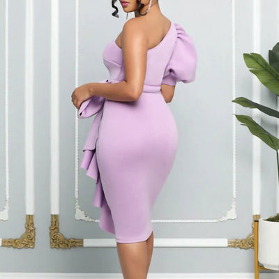 Solid Oblique Shoulder Puff Sleeve Ruffle Design Midi Dress