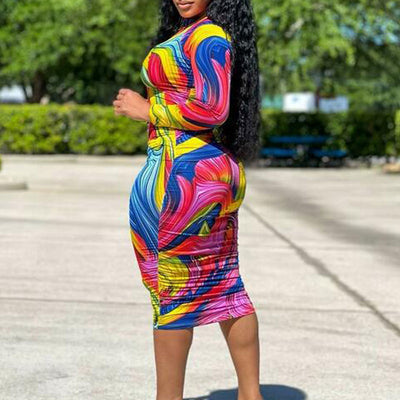 Tie-Dye Print Long Sleeve Ruched Bodycon Dress