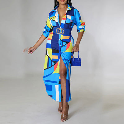 Print Long Sleeve Button Detailed Shirt Dress