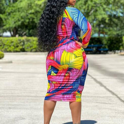 Tie-Dye Print Long Sleeve Ruched Bodycon Dress
