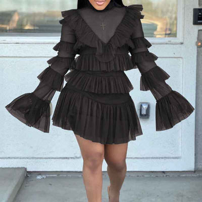 Solid Long Sleeve Ruffle Design Sheer Mesh 2PCS Dress Set