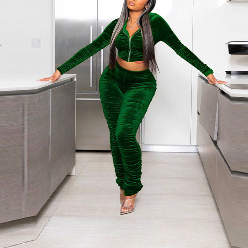 Solid Velvet Long Sleeve Hoodie Top & Ruched Pants Set