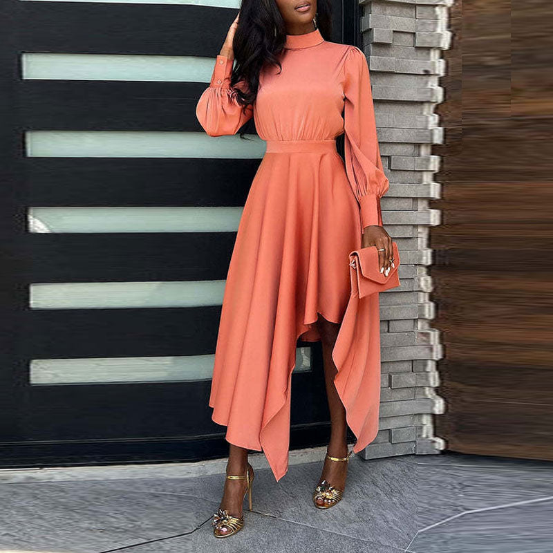 Solid High Neck Long Sleeve Irregular Dress