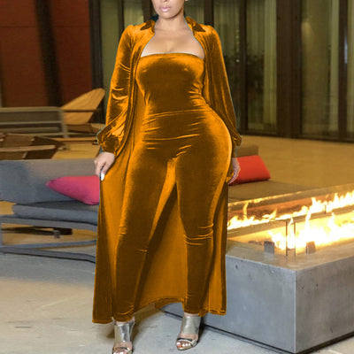 Solid Velvet Long Sleeve Coat & Jumpsuit Set