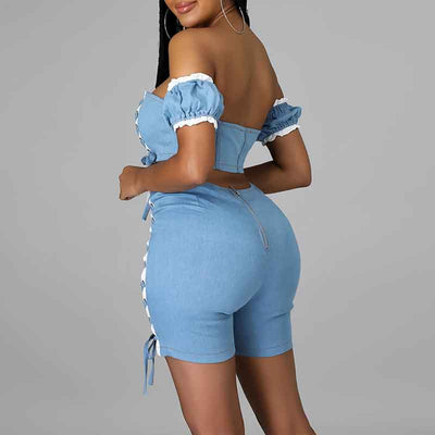 Colorblock Off Shoulder Lace Up Tube Top & Shorts Set