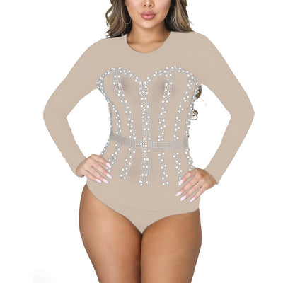 Sequins Rhinestone Patchwork Long Sleeve Bodysuit