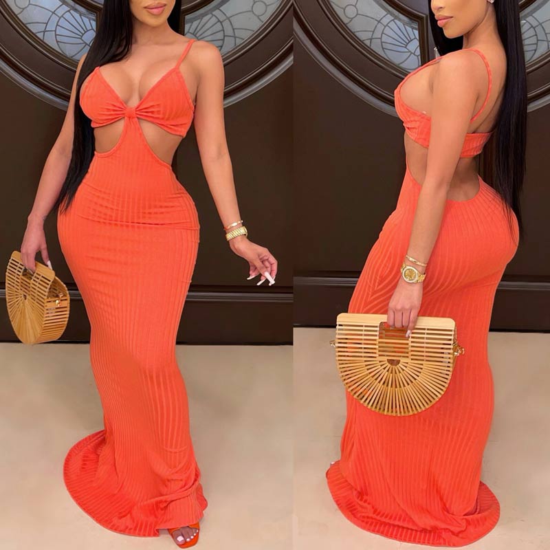Solid Sleeveless Hollow Out Sling Maxi Dress