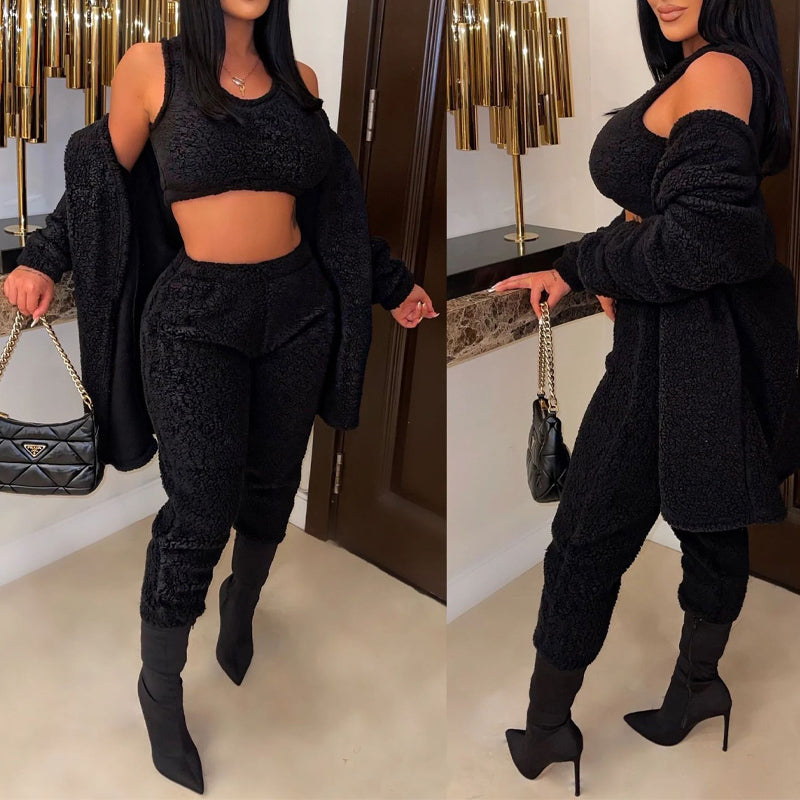 Solid Fuzzy 3PCS Pants Set