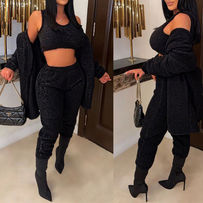 Solid Fuzzy 3PCS Pants Set