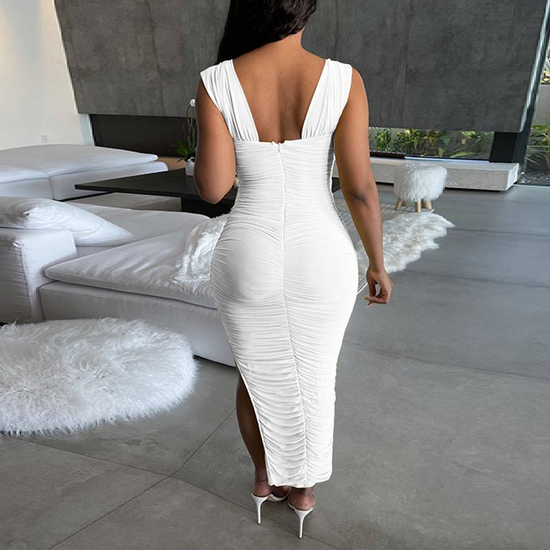 Solid Sleeveless Slit Ruched Maxi Dress