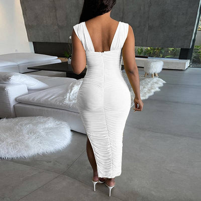 Solid Sleeveless Slit Ruched Maxi Dress
